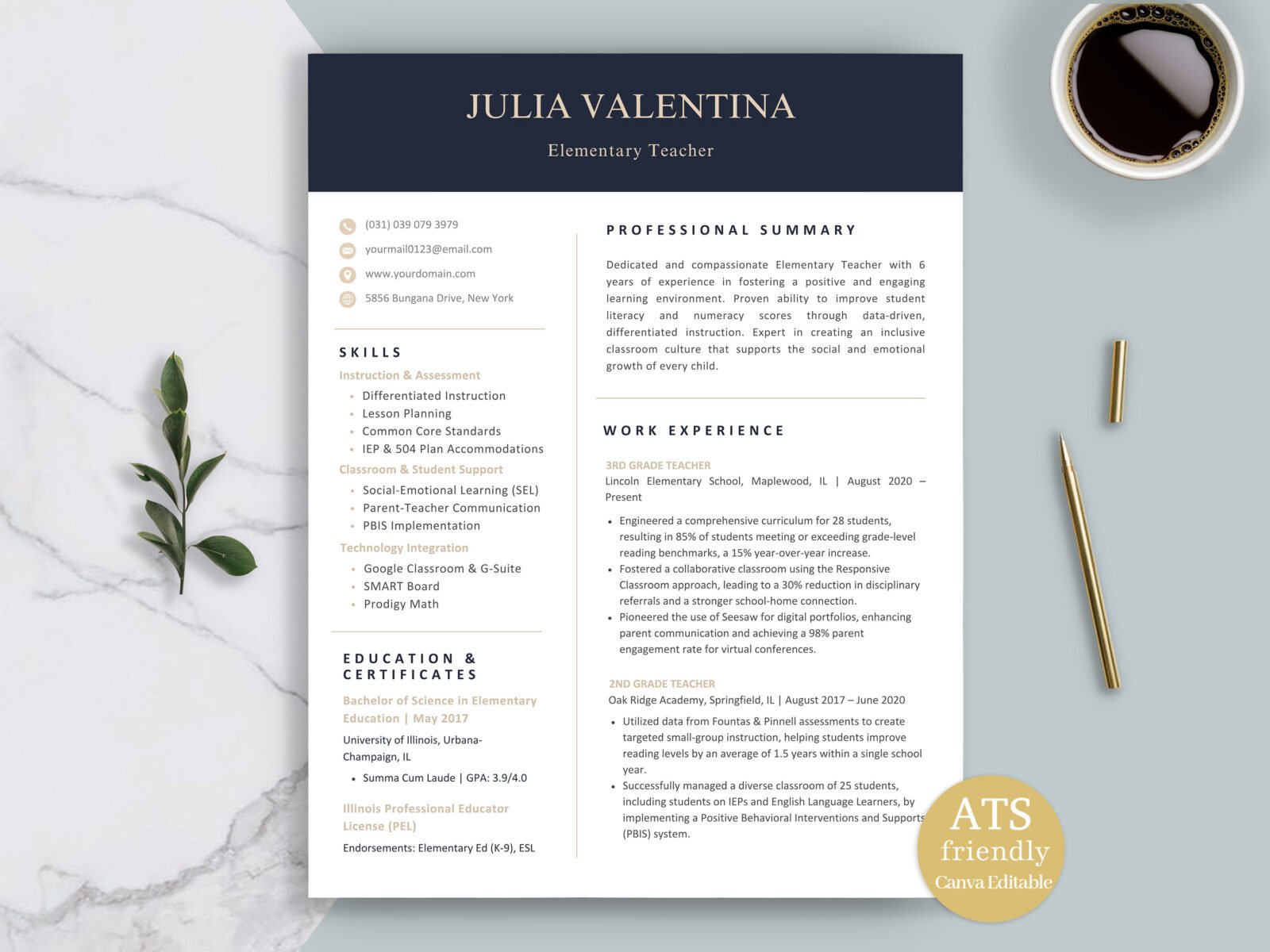 Professional Teacher Resume Template for Canva | ATS-Proof with Real Examples-C01