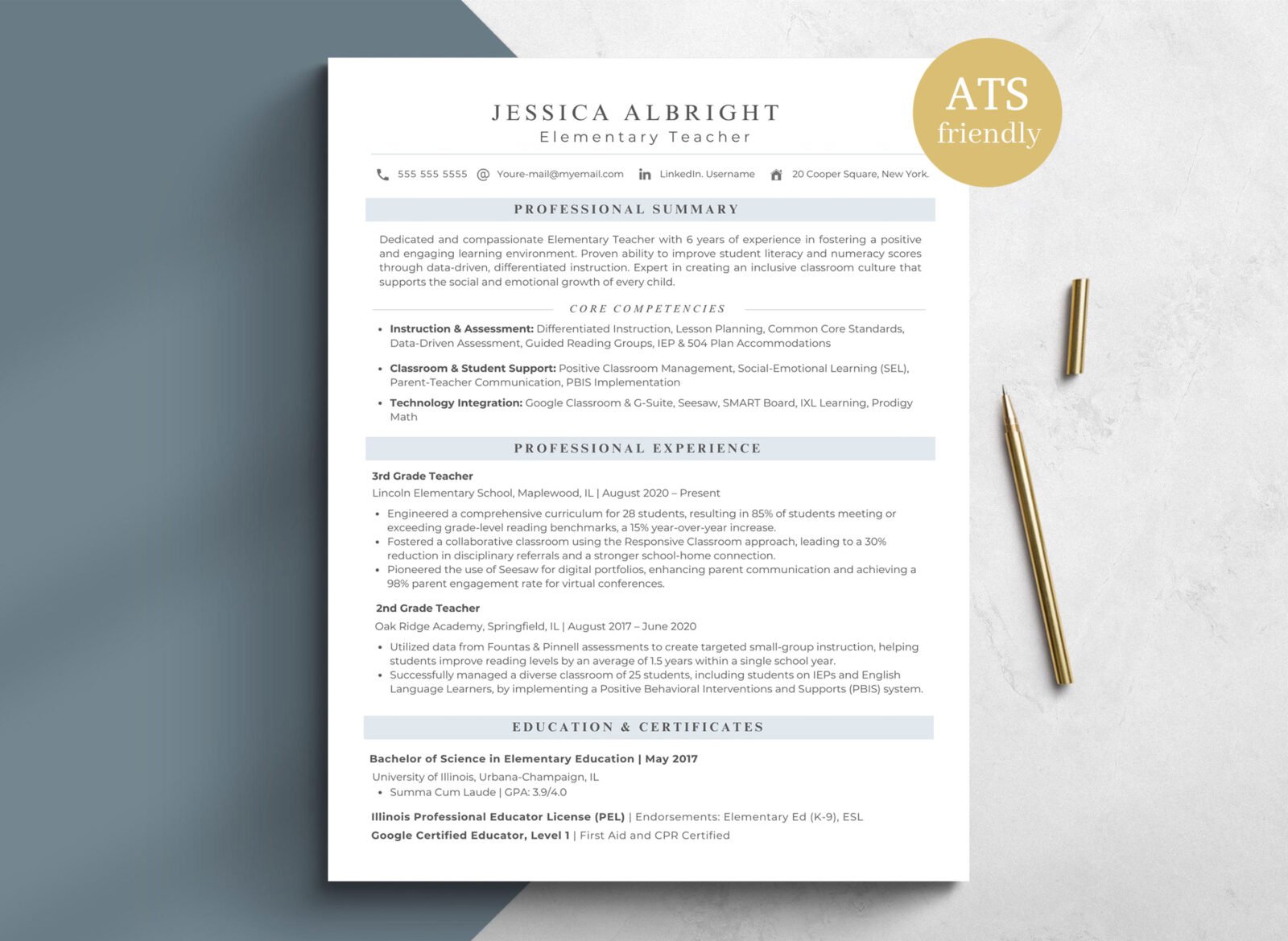 Professional Elementary Teacher Resume Template & Career Success Kit for Canva-C02