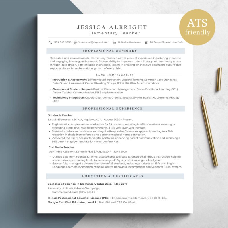 Professional Elementary Teacher Resume Template & Career Success Kit for Canva-C02