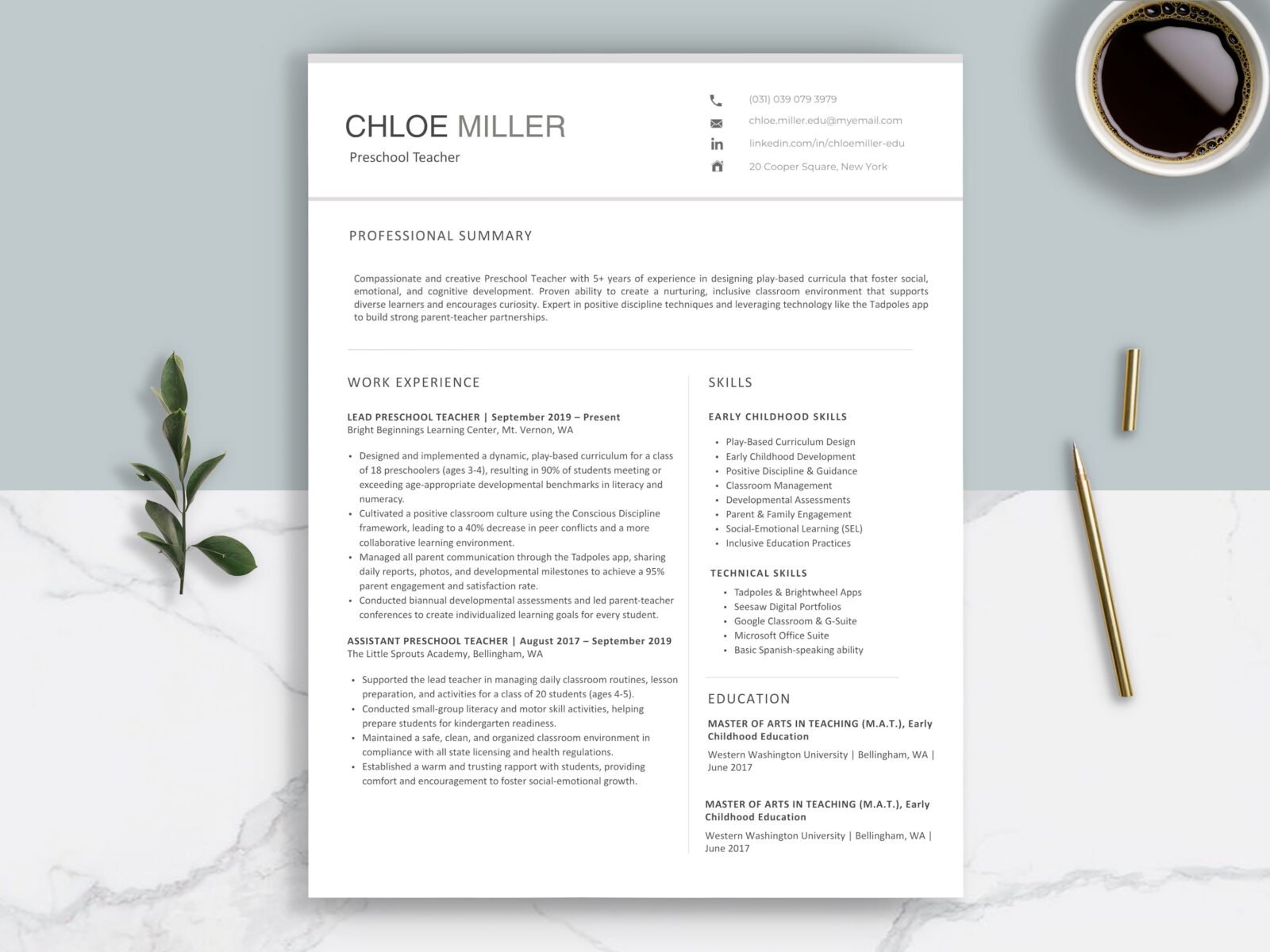 Professional Preschool Teacher Resume Template & Career Kit for Canva-C05
