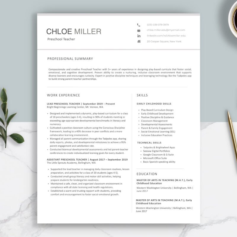 Professional Preschool Teacher Resume Template & Career Kit for Canva-C05