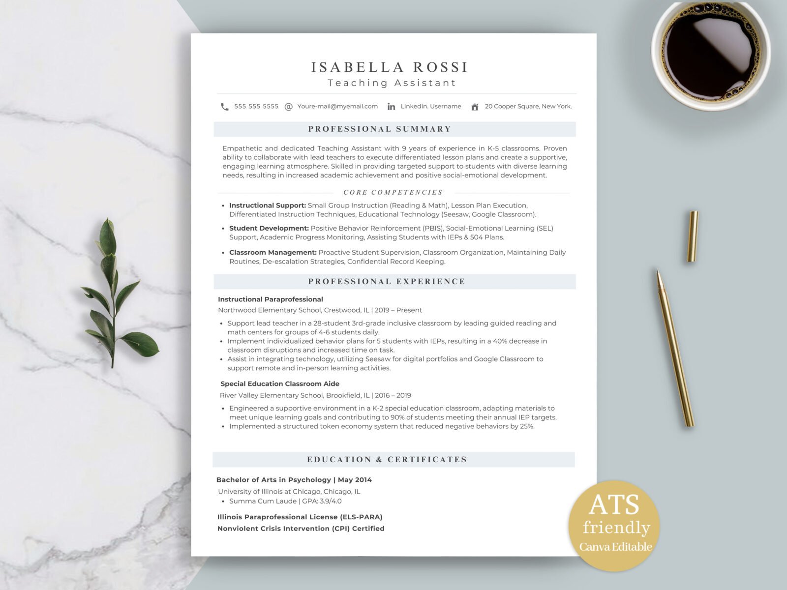 Professional Teaching Assistant Resume Template & Career Kit for Canva-C09