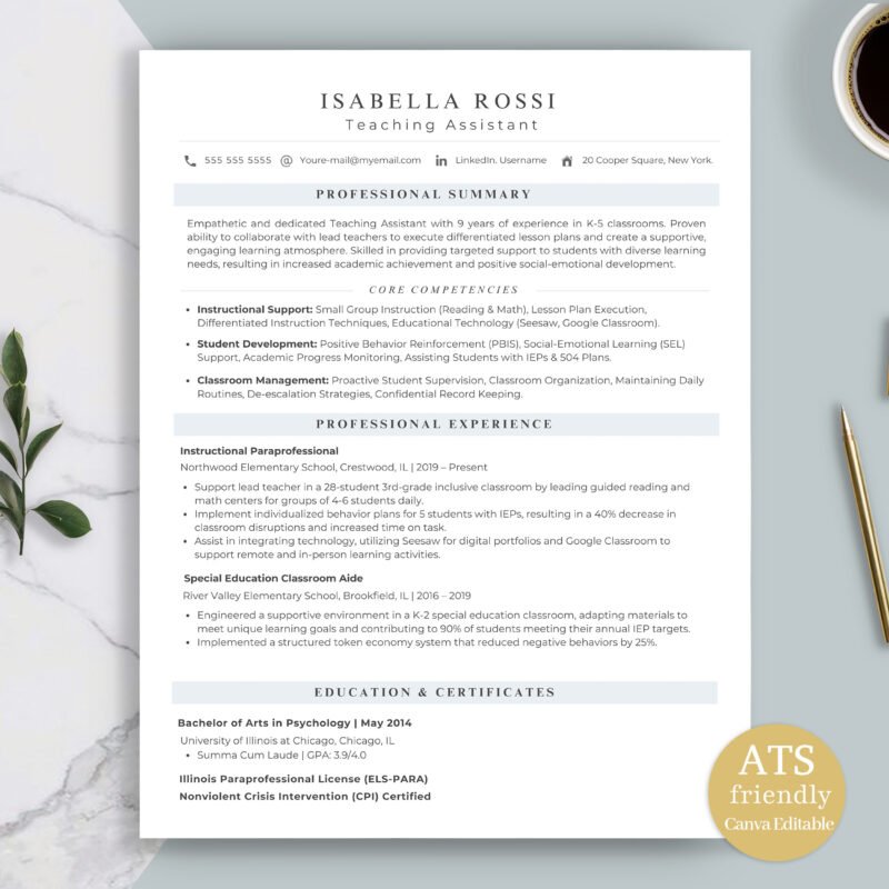 Professional Teaching Assistant Resume Template & Career Kit for Canva-C09